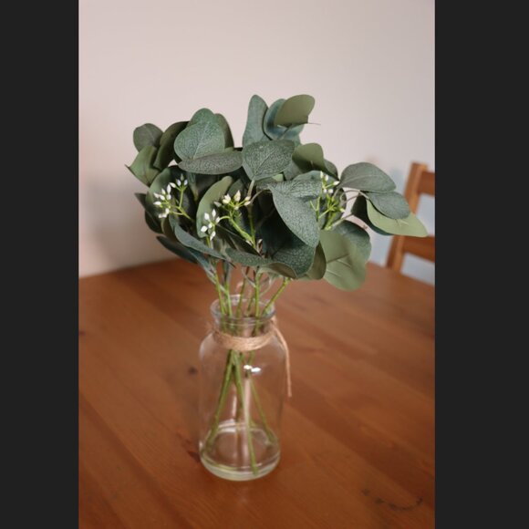 Artificial Eucalyptus in Glass Vase with White Buds Rustic Farmhouse Decor - Picture 6 of 8